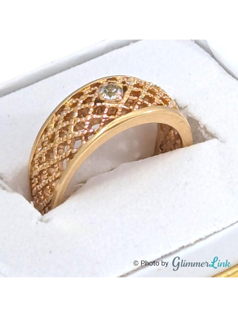 Vintage AVON 1970s Lattice Lace Gold Tone Rhinestone Basket Weave Ring Size 5.75